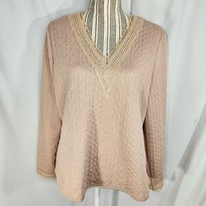 Liofoer Beige & Cream Lace Accent Neckline & Cuffs V Neck Textured Top Sz Large